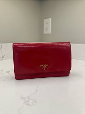 PRADA Red Saffiano Leather Wallet Clutch with Crossbody strap.